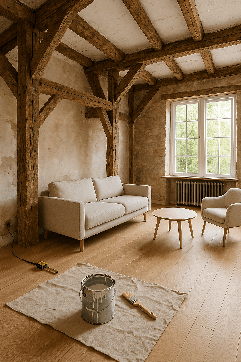 Pot de peinture posé dans un salon avec pinceau à côté.